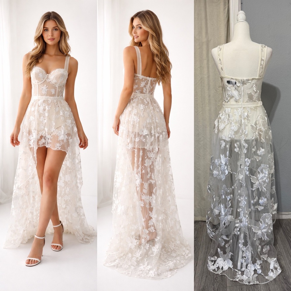 Blithe LA Ivory‎ Floral Embroidered Sheer High-Low Corset Gown Size M Wedding